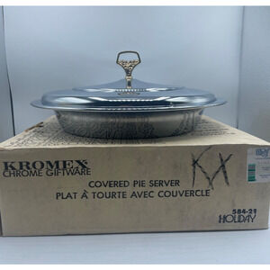 Vtg Kromex #584 Covered Pie Server Polished Chrome NOS Giftware Pyrex Pie Plate